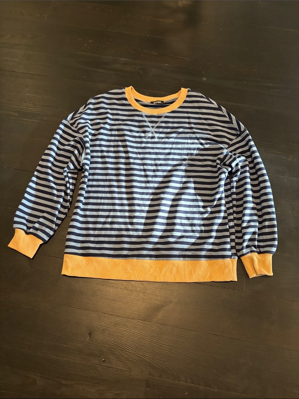 Striped Crewneck Sweater in Navy and Light Blue with Mustard Trim